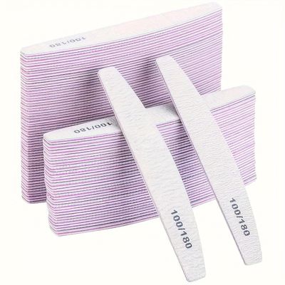 Dyzi 50pcs Nail File Buffer Set 100/180 Grit Double-Sided Half-Moon in Pink