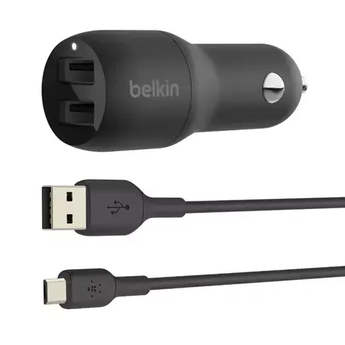 Belkin BoostCharge. Charger type: Auto Power source type: Cigar lighter Charger compatibility: Smartphone. AC adapter output current: 4.8 A. USB 2.0 ports quantity: 2. Product colour: Black - Image 1
