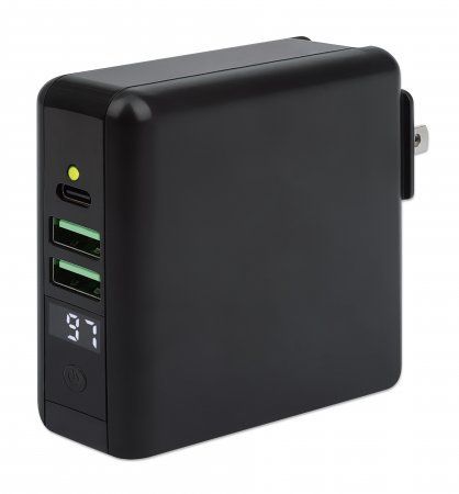 Manhattan 4-in-1 Travel Wall Charger and Powerbank 8,000 mAh, USA/UK/Euro 2-pin Plugs, Output: 1x USB-C, 2x USB-A ports and Wireless Charging Pad (5W), Black, One Year Warranty - Image 1