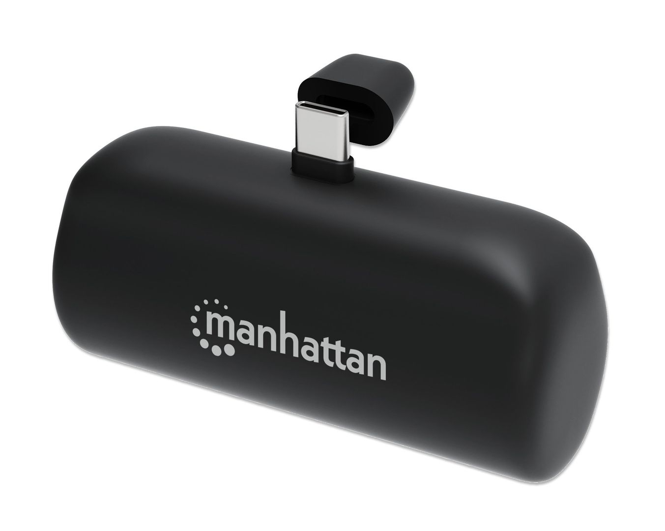 Manhattan Power Bank with integrated USB-C plug, 5000 mAh, Up to 10W output, Kickstand for Use as Charging Phone Holder, Black, One Year Warranty - Image 1