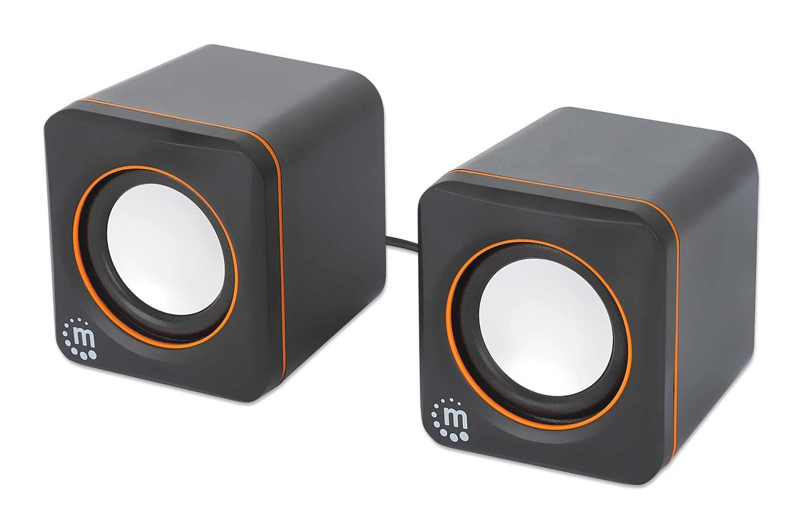 Manhattan 2600 Series Speaker System, Two Speakers, Black/Orange, USB for Stereo Audio and Power, Output: 2x 3W, Decent Sound, Integrated rotary volume control, USB-C/USB-A Adapter, Cable 1.4m, Three Year Warranty - Image 1
