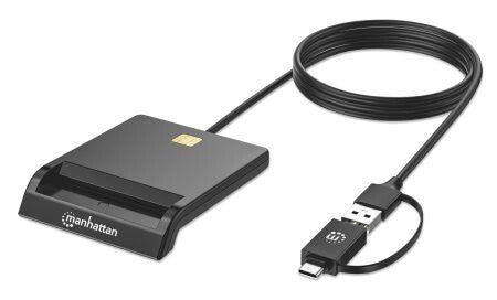 Manhattan USB-A / USB-C combo Smart Card Reader, USB 2.0 Type-C and Type-A Male to Contact Reader Interface, Supports Windows, macOS and Linux, Reads SIM Cards with Adapter (not included or available from ), 1m Cable, Black - Image 1