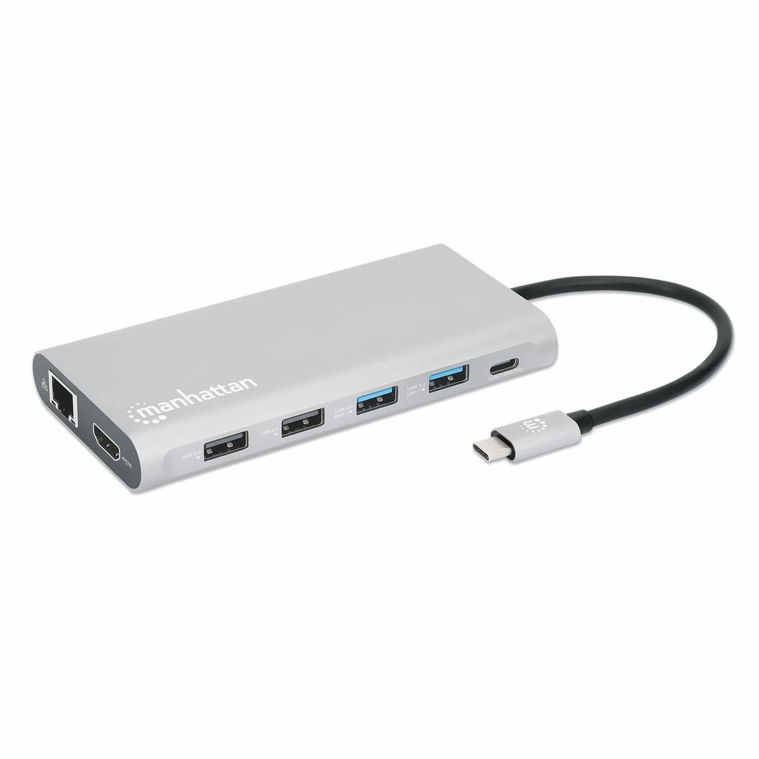 Manhattan USB-C Dock/Hub with Card Reader and MST Ports (x10): Ethernet 4K HDMI (X3) USB-A (x3) and USB-C (x2) With Power Delivery (100W) to 1x USB-C Port (USB-C wall charger/ cable needed) MST = Multi-Stream Transport Universal for all devices - Image 1