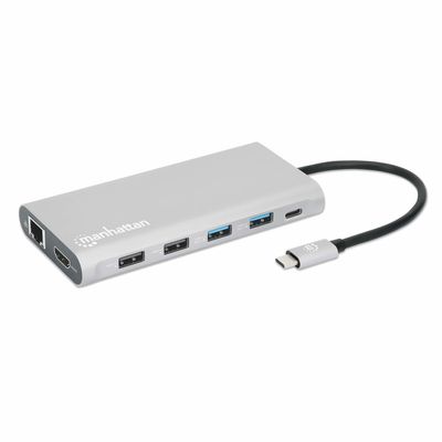 Manhattan USB-C Dock/Hub with Card Reader and MST Ports (x10): Ethernet 4K HDMI (X3) USB-A (x3) and USB-C (x2) With Power Delivery (100W) to 1x USB-C Port (USB-C wall charger/ cable needed) MST = Multi-Stream Transport Universal for all devices