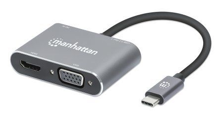 Manhattan USB-C Dock/Hub, Ports (x4): HDMI, USB-A, USB-C and VGA, With Power Delivery (87W) to USB-C Port (Note add USB-C wall charger and USB-C cable needed), All Ports can be used at the same time, Universal for all devices, Aluminium, Space Grey,3 Year - Image 1