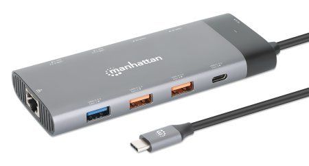 Manhattan USB-C Dock/Hub Ports (x10): Ethernet HDMI (x2 8k) USB-A (x5) and USB-C (x2) With Power Delivery (100W) to USB-C Port (Note additional USB-C wall charger and USB-C cable needed) USB 3.2 Gen 2 All Ports can be used at the same time Uni - Image 1