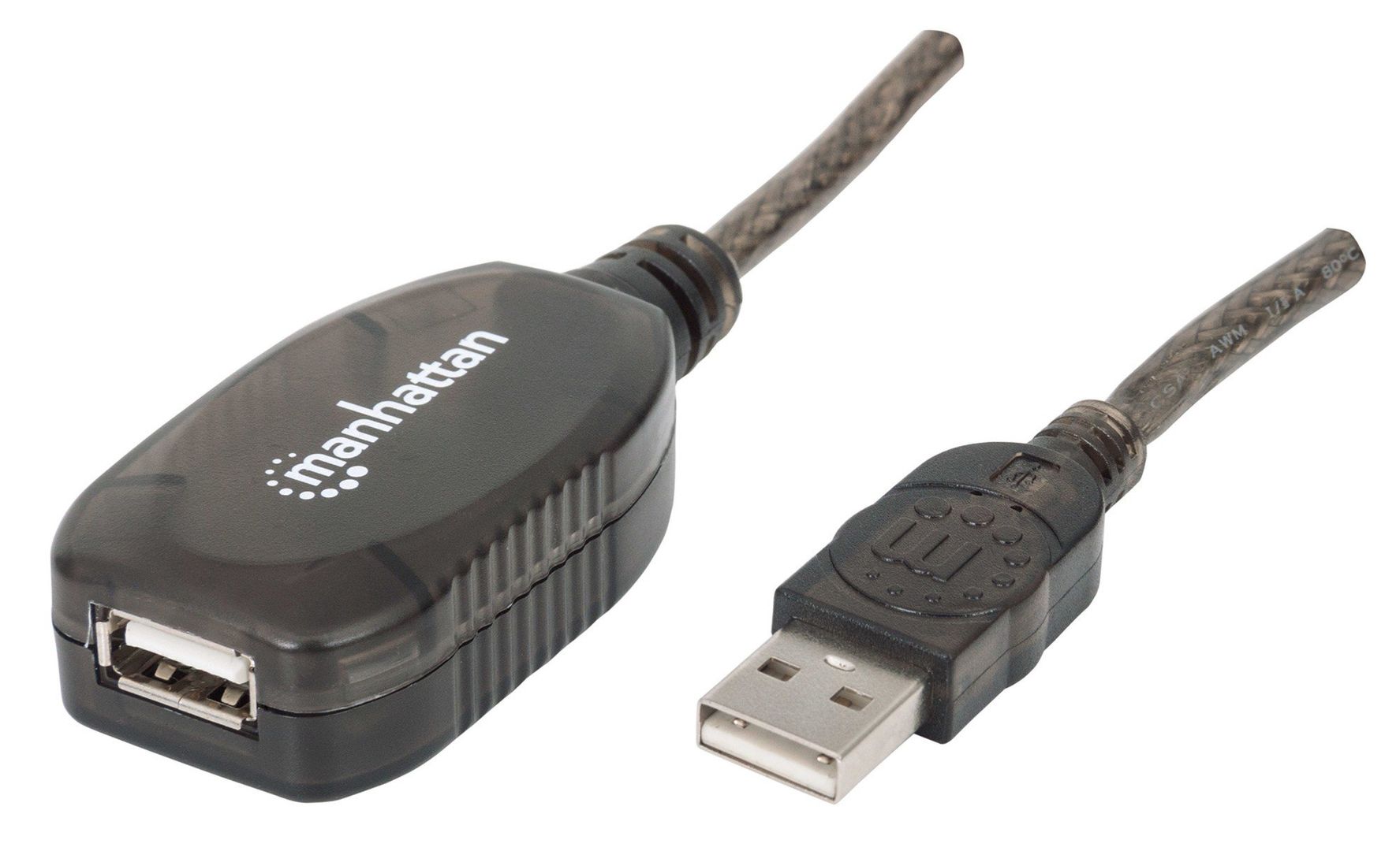 Manhattan USB-A to USB-A Extension Cable, 20m, Male to Female, Active, 480 Mbps (USB 2.0), Daisy-Chainable, Built In Repeater, Hi-Speed USB, Black, Three Year Warranty, Equivalent to USB2AAEXT20M - Image 1