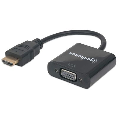 Manhattan HDMI to VGA Converter cable, 1080p, 30cm, Male to Female, Micro-USB Power Input Port for additional power if needed, Black, Three Year Warranty, Equivalent to HD2VGAE2.