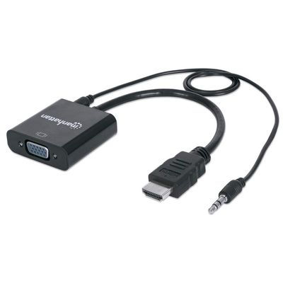 Manhattan HDMI to VGA (with Audio) Converter cable, 1080p, 30cm, Male to Female, Micro-USB Power Input Port for additional power if needed, Black, Three Year Warranty