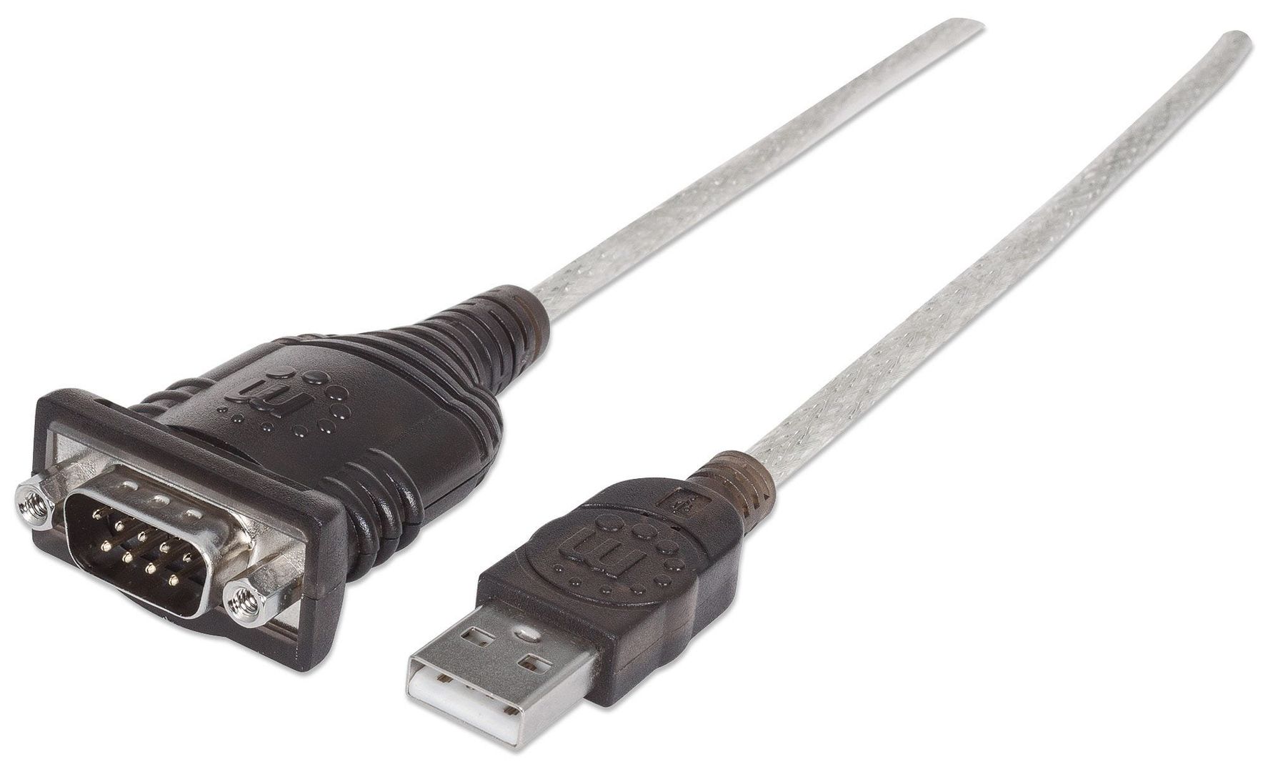 Manhattan USB-A to Serial Converter cable, 45cm, Male to Male, Serial/RS232/COM/DB9, Prolific PL-2303HXD Chip, Black/Silver cable, Three Year Warranty - Image 1