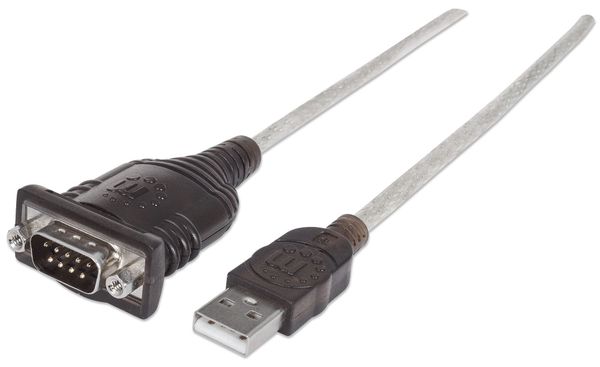 Manhattan USB-A to Serial Converter cable, 45cm, Male to Male, Serial/RS232/COM/DB9, Prolific PL-2303HXD Chip, Black/Silver cable, Three Year Warranty