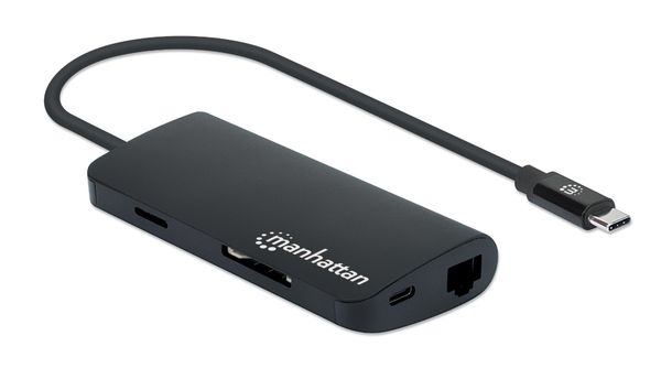 Manhattan USB-C Dock/Hub with Card Reader, Ports (x5): Ethernet, USB-A (3) and USB-C, 5 Gbps (USB 3.2 Gen1 aka USB 3.0), With Power Delivery (100W) to USB-C Port (Note additional USB-C wall charger and USB-C cable needed), Universal for all devices, Alumi