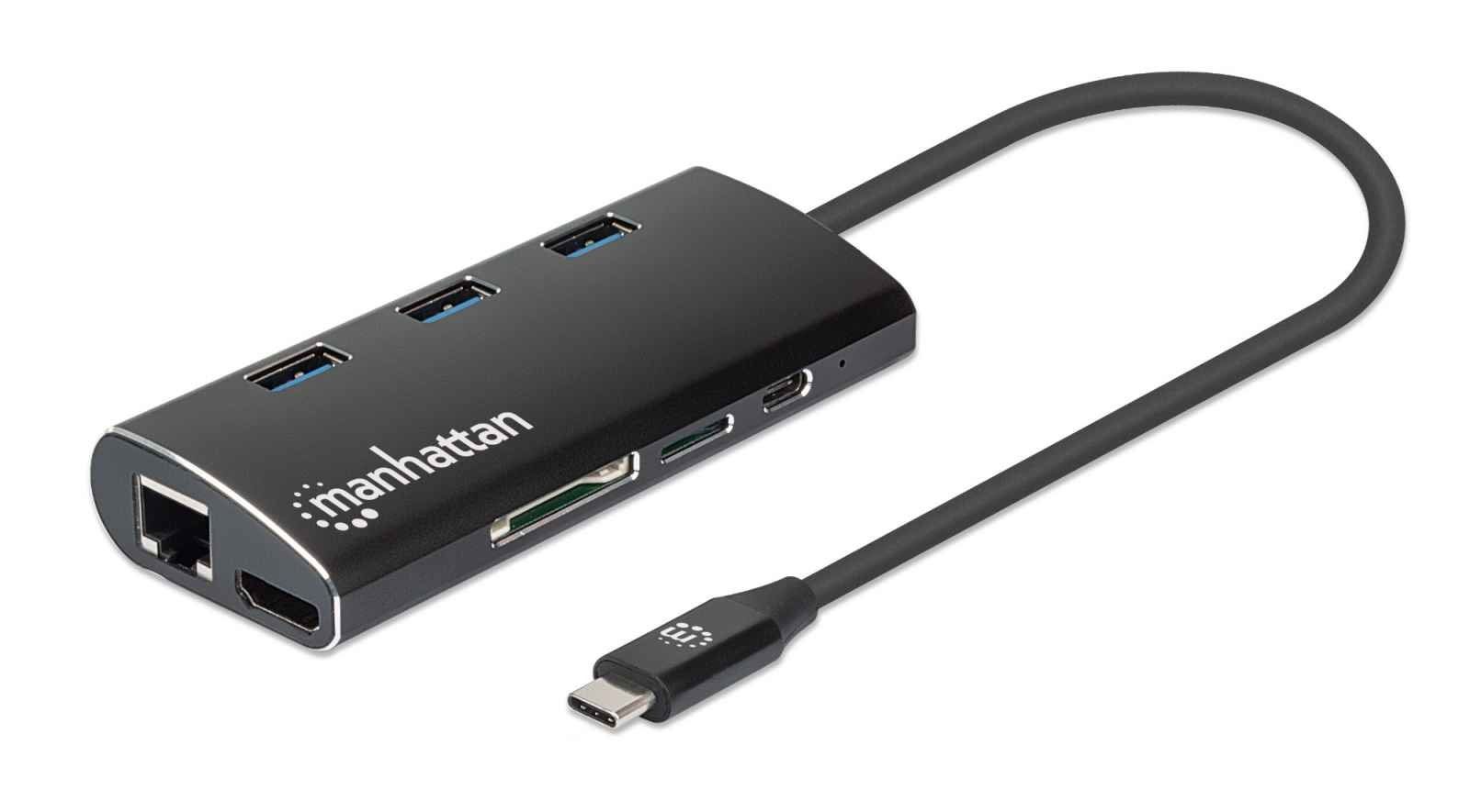 Manhattan USB-C Dock/Hub with Card Reader, Ports (x6): Ethernet, HDMI, USB-A (x3) and USB-C, With Power Delivery (100W) to USB-C Port (Note additional USB-C wall charger and USB-C cable needed), Universal for all devices, Aluminium, Equivalent to DKT30CSD - Image 1