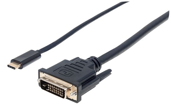 Manhattan USB-C to DVI-D Cable, 1080p@60Hz, 2m, Male to Female, Black, Compatible with DVD-D, Three Year Warranty, Equivalent to CDP2DVIMM2MB