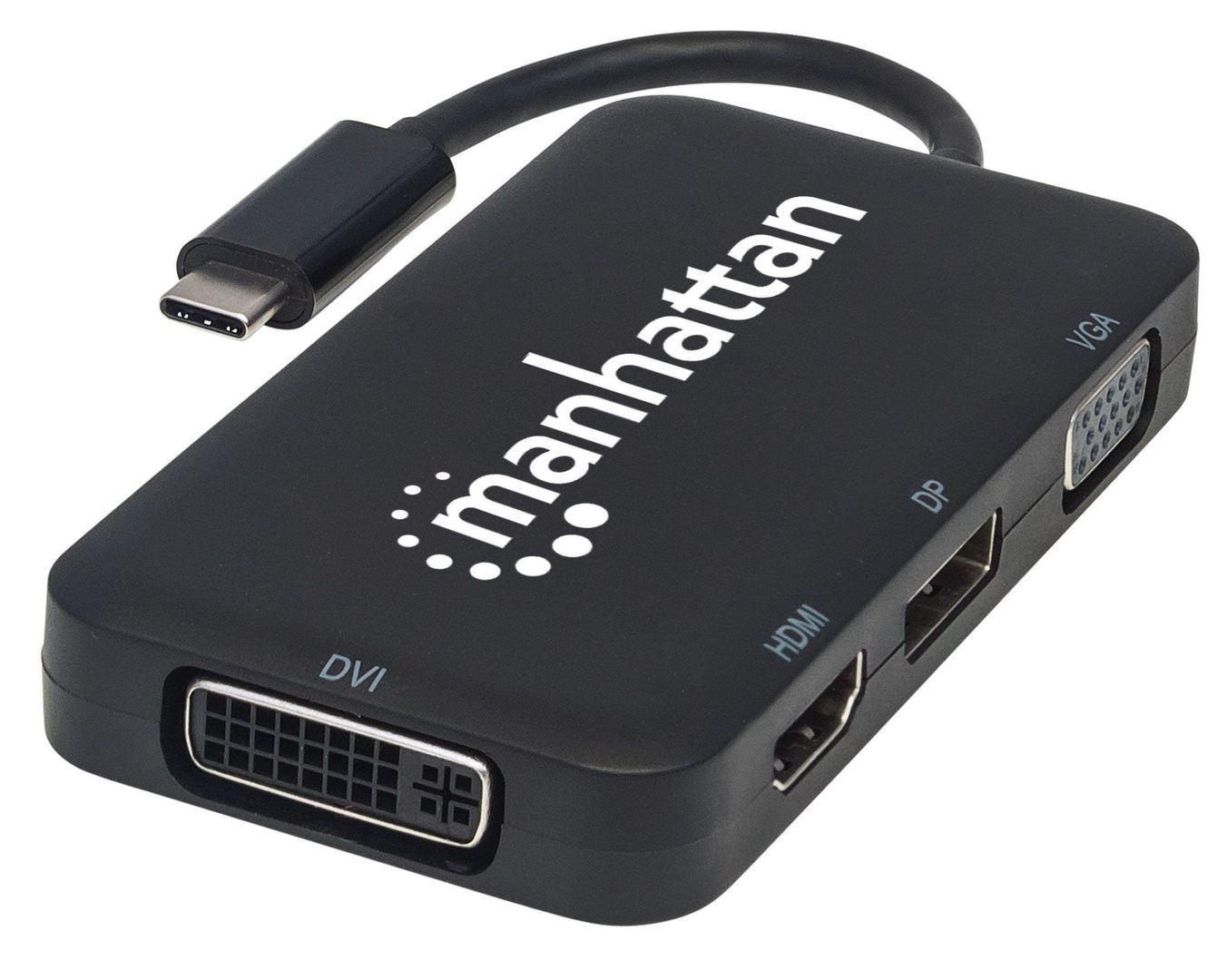 Manhattan USB-C Dock/Hub, Ports (x4): DisplayPort, DVI-I, HDMI or VGA, Note: Only One Port can be used at a time, External Power Supply Not Needed, Universal for all devices, Cable 8cm, Black, Three Year Warranty - Image 1