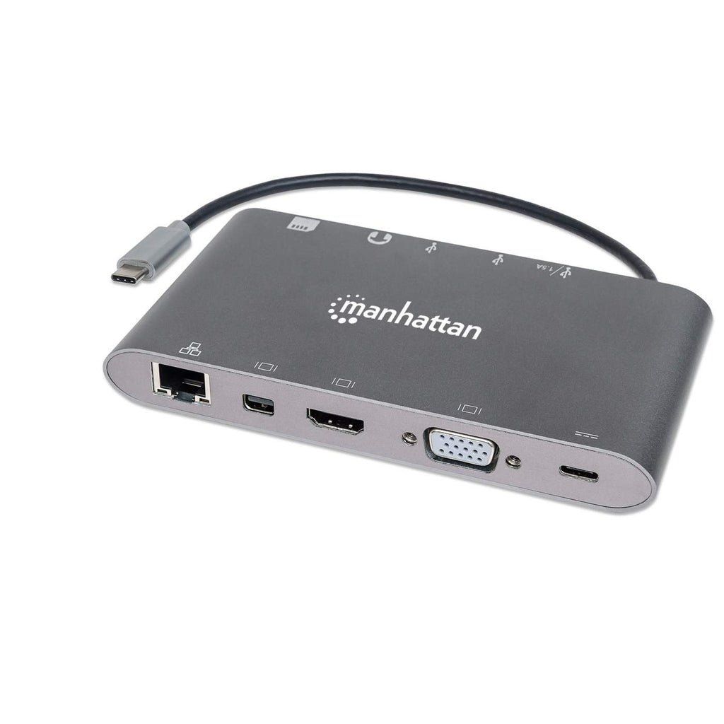 Manhattan USB-C Dock/Hub with Card Reader, Ports (x8): USB-C to HDMI, Audio 3.5mm, Ethernet, Mini DisplayPort, USB-A (x3) and USB-C, With Power Delivery (60W) to USB-C Port (Note add USB-C wall charger and USB-C cable needed), All Ports can be used at the - Image 1