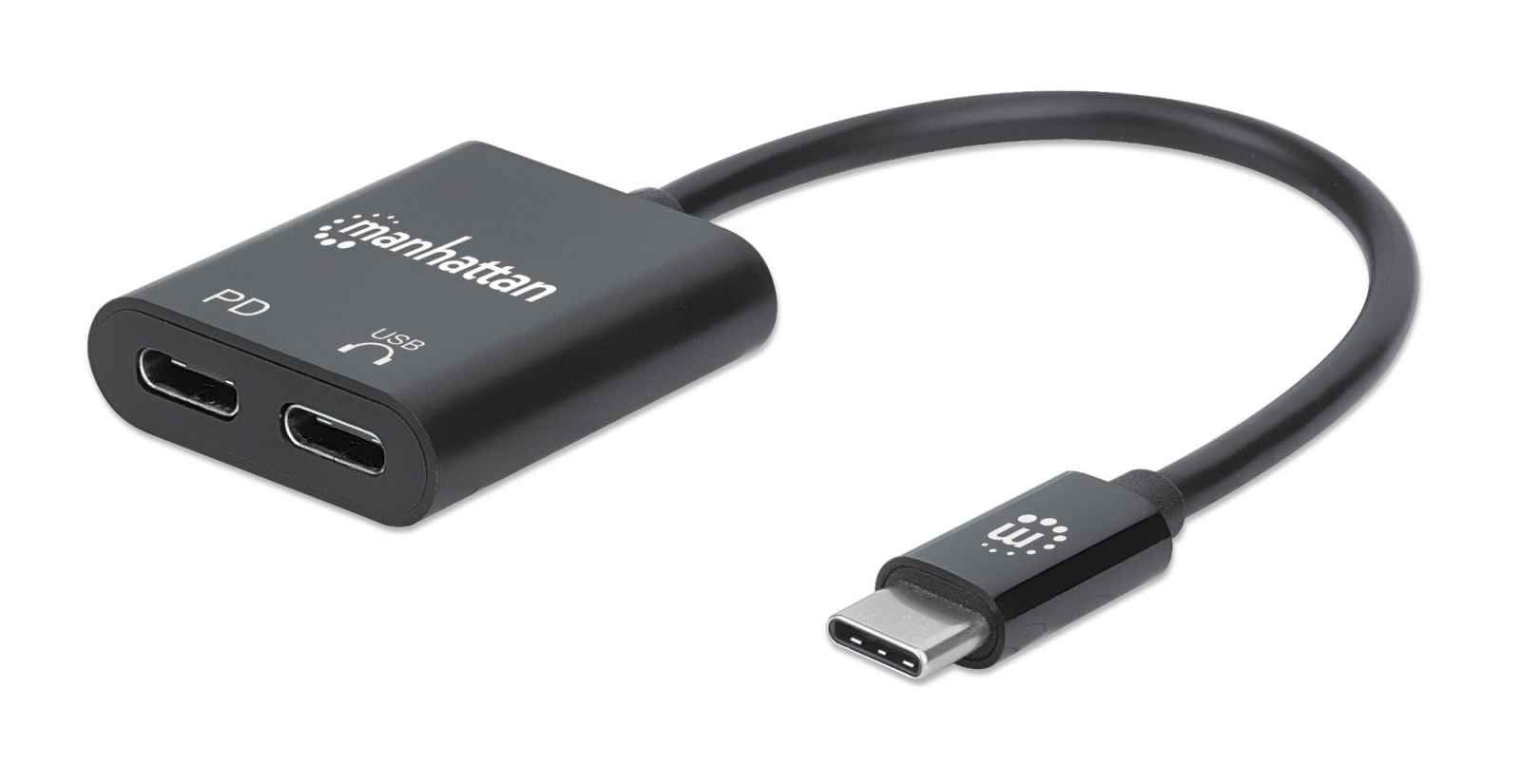 Manhattan USB-C to USB-C Audio Adapter and USB-C (inc Power Delivery), Black, 480 Mbps (USB 2.0), Cable 11cm, With Power Delivery to USB-C Port (60W), Three Year Warranty - Image 1