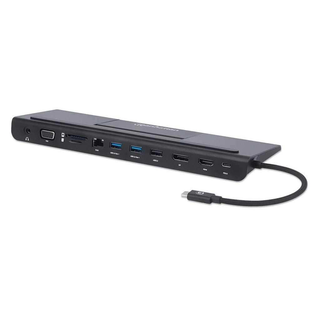 Manhattan USB-C Dock/Hub with Card Reader and MST Ports (x9): Audio 3.5mm DisplayPort Ethernet HDMI USB-A (x3) USB-C and VGA With Power Delivery (100W) to USB-C Port (Note add USB-C wall charger and USB-C cable needed)All Ports can be used at - Image 1