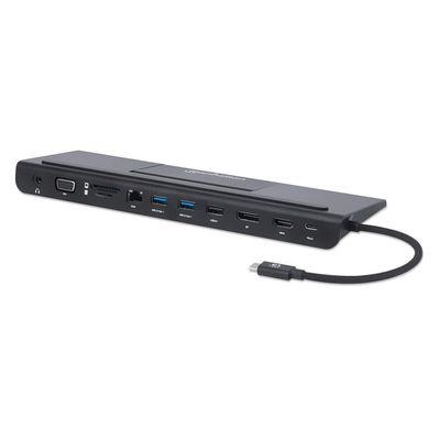 Manhattan USB-C Dock/Hub with Card Reader and MST Ports (x9): Audio 3.5mm DisplayPort Ethernet HDMI USB-A (x3) USB-C and VGA With Power Delivery (100W) to USB-C Port (Note add USB-C wall charger and USB-C cable needed)All Ports can be used at