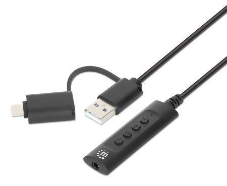 Manhattan USB-C & USB-A to 3.5 mm Stereo Audio Aux Adapter Cable, 2-in-1, Male to Female, Cable 1m, Supports a Headset's Mic and Audio Function, CTIA Standard, Volume and Mute Control, Black - Image 1