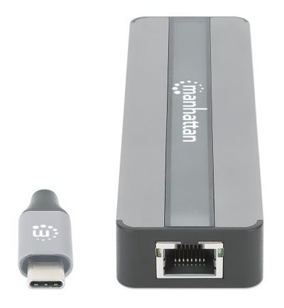 Manhattan USB-C Dock/Hub with Card Reader, Ports (x5): Ethernet, HDMI, USB-A (x2) and USB-C, With Power Delivery (87W) to USB-C Port (Note add USB-C wall charger and USB-C cable needed), All Ports can be used at the same time, Universal for all devices,