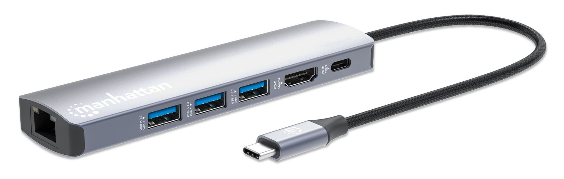 Manhattan USB-C Dock/Hub, Ports (x6): Ethernet, HDMI, USB-A (x3) and USB-C, With Power Delivery (100W) to USB-C Port (Note additional USB-C wall charger and USB-C cable needed), USB 3.2 Gen 1, All Ports can be used at the same time, Universal for all devi - Image 1