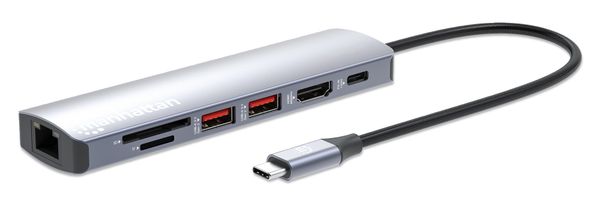 Manhattan USB-C Dock/Hub with Card Reader, Ports (x5): Ethernet, HDMI, USB-A (x2) and USB-C, With Power Delivery (100W) to USB-C Port (Note additional USB-C wall charger and USB-C cable needed), USB 3.2 Gen 1, All Ports can be used at the same time, Unive