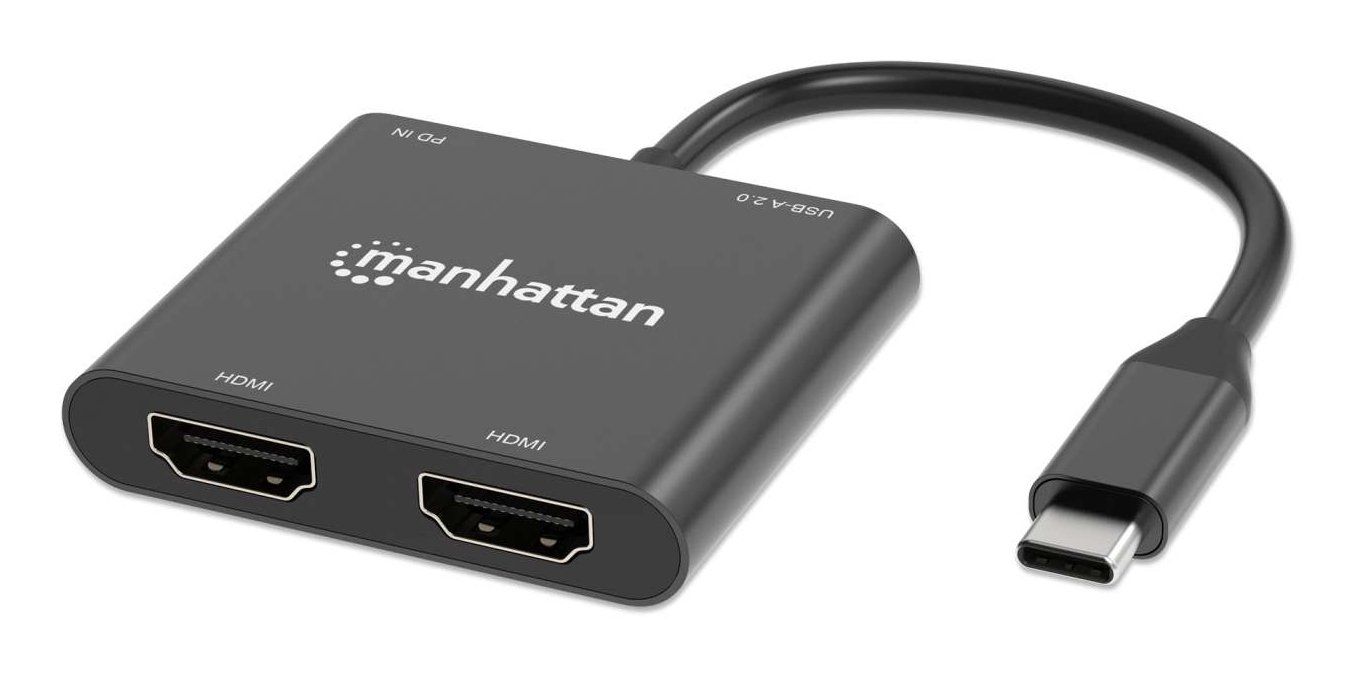 Manhattan USB-C to Dual HDMI & USB-A Adapter, Dual 4K@30Hz or Single 4K@60Hz, Power Delivery 100W, 480 Mbps (USB 2.0), Cable 15cm, Black, Male to Female, Three Year Warranty - Image 1