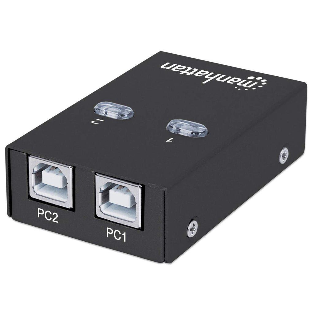 Manhattan USB-A Automatic Sharing Switch, 2x USB-B Ports, 480 Mbps (USB 2.0), Dual Control (Auto-Sensing or Manual), Bus Powered, Hi-Speed USB, inc 1x 1.5m USB-A to USB-B cable, Black, Three Year Warranty - Image 1