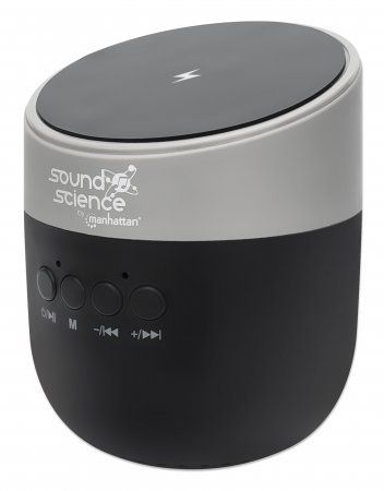 Manhattan Metallic Bluetooth Speaker with Wireless Charging Pad, Decent Sound Output (3W), 3 hour Playback time, Wireless Pad 5W, Integrated Controls, Range 10m, microSD card reader, USB-A charging cable incl, Bluetooth 5.0, 3 Years Warranty