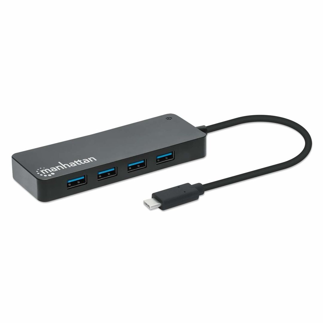 Manhattan USB-C Dock/Hub, Ports (x7): USB-A (x7), 5 Gbps (USB 3.2 Gen1 aka USB 3.0), External Power Supply Not Needed, Universal for all devices, Cable 15cm, SuperSpeed USB, Black, Three Year Warranty - Image 1