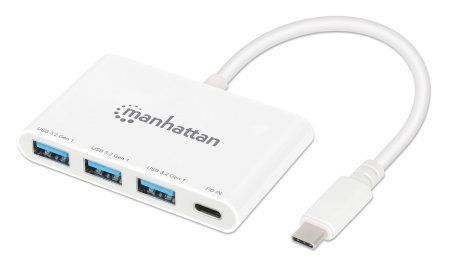 Manhattan USB-C Dock/Hub, Ports (4): USB-A (x3) and USB-C, 5 Gbps (USB 3.2 Gen1 aka USB 3.0), With Power Delivery (100W) to USB-C Port (Note additional USB-C wall charger and USB-C cable needed), Universal for all devices, SuperSpeed USB, White, PD