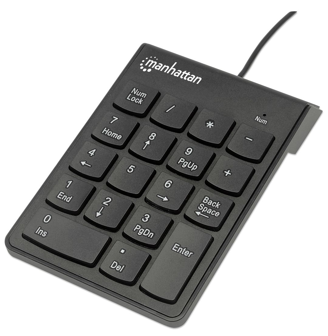 Manhattan Numeric Keypad, Wired, USB-A, 18 Full Size Keys, Black, Membrane Key Switches, Windows and Mac, Three Year Warranty - Image 1