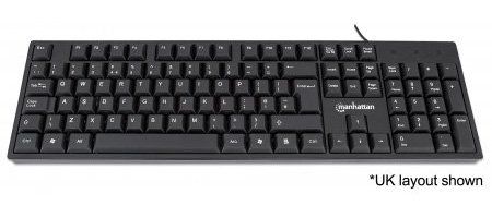 Manhattan Keyboard UK USB Wired, Standard Qwerty layout, Black, Full Size Keys, Cable 1.5m, USB-A connection, Plug and Play, Three Year Warranty, Retail Boxed - Image 1