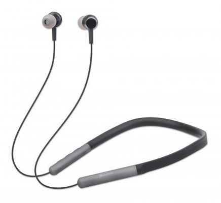 Manhattan Bluetooth In-Ear Headset with Neckband, Microphone, Integrated Controls, Sweatproof, Noise Isolating, 5 hour usage time, Max Range 10m, MicroSD Card slot, Bluetooth v5.0, USB-A charging cable included, Three Year Warranty