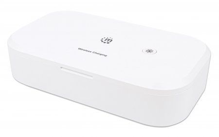 Manhattan UV Phone Sanitizer with Wireless Charger, 10 W Wireless Charging Pad, Integrated UV LEDs to eliminate germs, viruses and bacteria, Quick 1-minute or 5-minute cleaning cycle, Auto-off UV light when opened, White, 3 Year Warranty