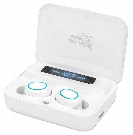 Manhattan Bluetooth Earphones, White, Microphone, Integrated Controls, Sweatproof, Noise Isolating, 5 hour usage time, Max Range 10m, Charging Case with Powerbank (1200mAh), Bluetooth v5.0, USB-A charging cable included, 3 Year Warranty - Image 1