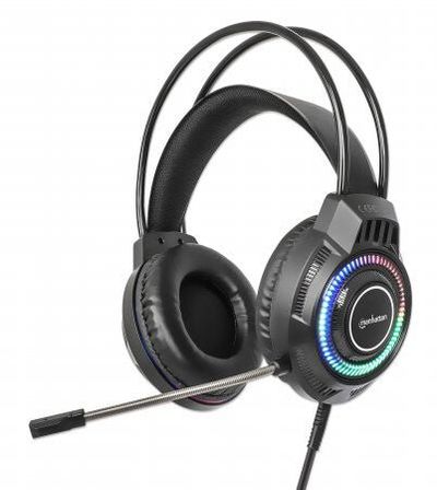 Manhattan RGB LED Over-Ear USB Gaming Headset Wired USB-A Plug Stereo Sound Adjustable Microphone Integrated Volume Control Color-LED Lighting 2m Cable Black