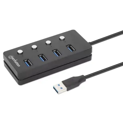 Manhattan USB-C Dock/Hub, Ports (x4) with on/off switch for each port: USB-A (x4), 5 Gbps (USB 3.2 Gen1 aka USB 3.0), Universal for all devices, Bus or AC powered (optional jack, not included), Cable 1.5m, SuperSpeed USB, Black, Three Year Warranty - Thumbnail 2