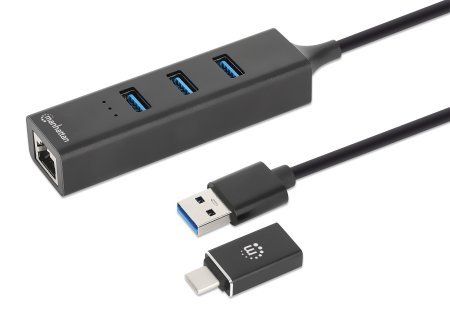 Manhattan USB-C & USB-A Combo Dock/Hub, Ports (4): Ethernet and USB-A (x3), 5 Gbps (USB 3.2 Gen1 aka USB 3.0), External Power Supply Not Needed, Universal for all devices, USB-A Male with Attachable USB-C Male Adapter, SuperSpeed USB, Black, Three Year Wa - Image 1