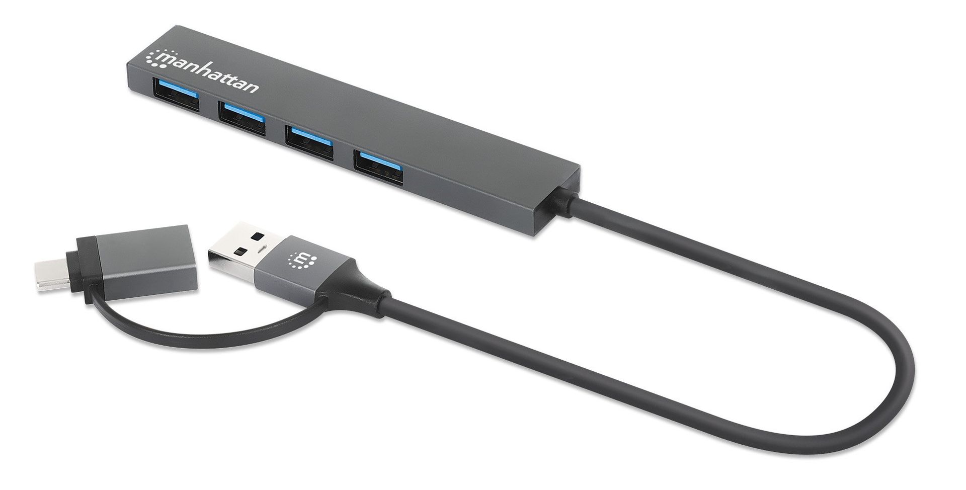 Manhattan USB-C & USB-A Combo Dock/Hub, Ports (4): USB-A (x4), 5 Gbps (USB 3.2 Gen1 aka USB 3.0), External Power Supply Not Needed, Universal for all devices, Cable 25cm, SuperSpeed USB, Black, Three Year Warranty - Image 1