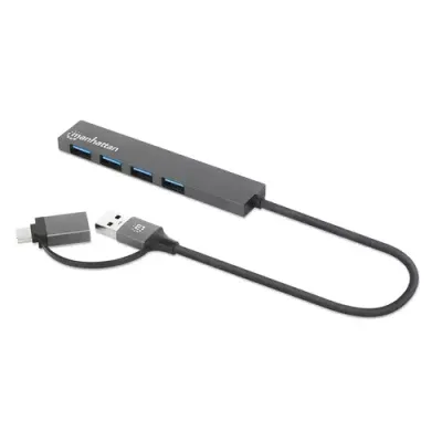 Manhattan USB-C & USB-A Combo Dock/Hub, Ports (4): USB-A (x4), 5 Gbps (USB 3.2 Gen1 aka USB 3.0), External Power Supply Not Needed, Universal for all devices, Cable 25cm, SuperSpeed USB, Black, Three Year Warranty - Thumbnail 2