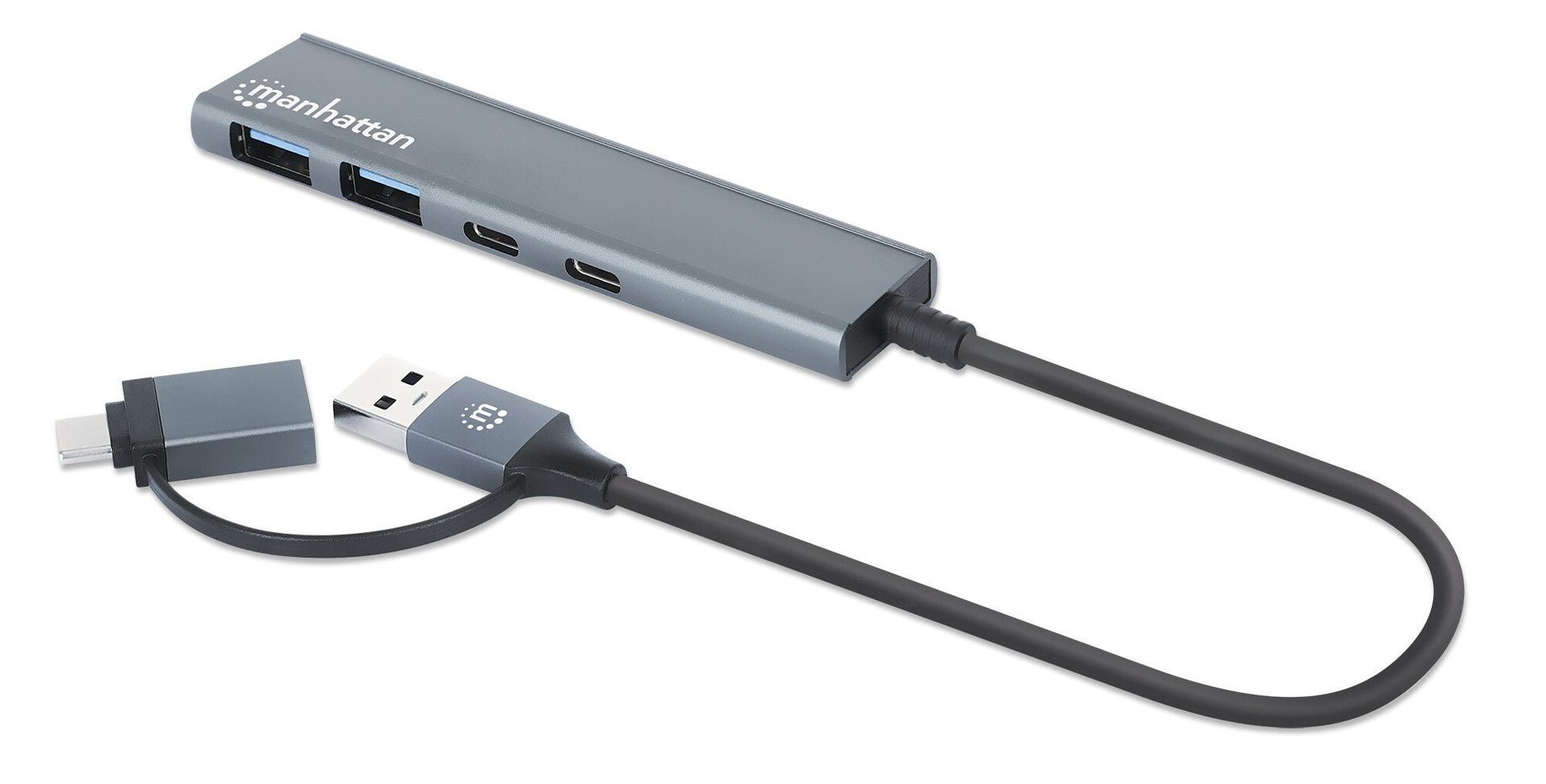 Manhattan USB-C & USB-A Combo Dock/Hub, Ports (4): USB-A (x2) and USB-C (x2), 5 Gbps (USB 3.2 Gen1 aka USB 3.0), External Power Supply Not Needed, Universal for all devices, Aluminium, SuperSpeed USB, Space Grey, Three Year Warranty - Image 1