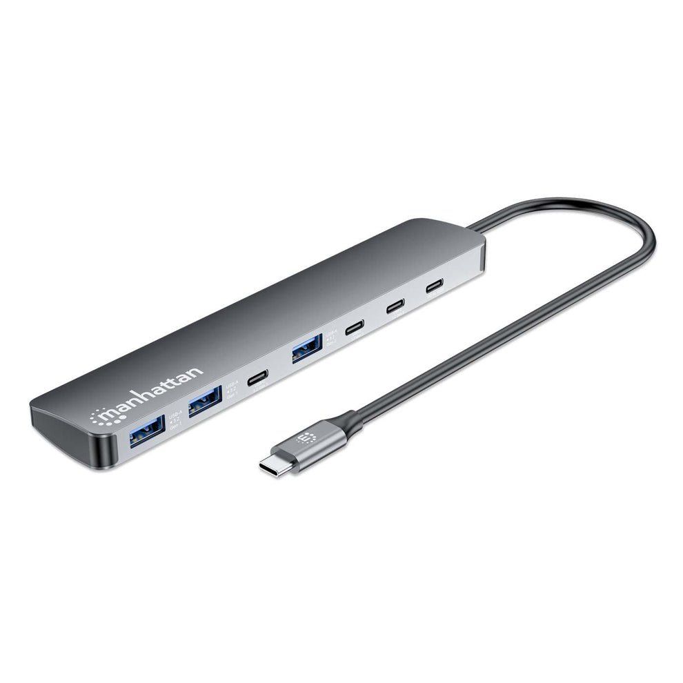 Manhattan USB-C Dock/Hub, Ports (x7): USB-A (x3) and USB-C (x4), With Power Delivery (100W) to USB-C Port (Note additional USB-C wall charger and USB-C cable needed), USB 3.2 Gen 2, All Ports can be used at the same time, Universal, Aluminium, Space Grey - Image 1