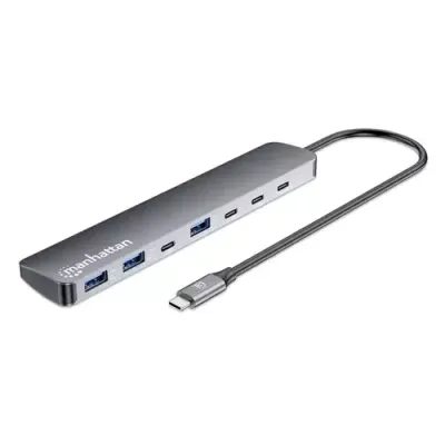 Manhattan USB-C Dock/Hub, Ports (x7): USB-A (x3) and USB-C (x4), With Power Delivery (100W) to USB-C Port (Note additional USB-C wall charger and USB-C cable needed), USB 3.2 Gen 2, All Ports can be used at the same time, Universal, Aluminium, Space Grey - Thumbnail 2