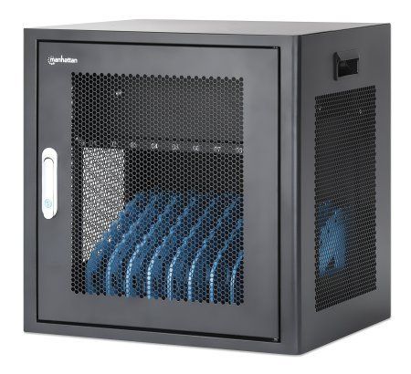 Manhattan Laptop Charging Cabinet Desktop via AC Adapter (UK) 10-bay, Install device's AC Adapter (power cables) into unit, Suitable for ALL laptops (to 15.6"), iPads, MacBooks, Chromebooks, other portable devices, Bays 380x30x280mm, Cart, Lockable - Image 1