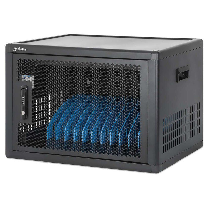 Manhattan Laptop Charging Cabinet Desktop (or trolley) via USB-C 65W 16" 12-bay, Suitable for USB-C laptops (to 16"), iPads, MacBooks, Chromebooks, other USB-C devices, Bays 395x32.5x290mm, USB-C charging cables included,Cart, UK & EU - Image 1