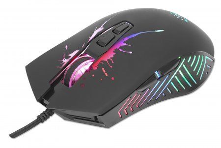 Manhattan Gaming Mouse with LEDs, Wired, Seven Button, Scroll Wheel, 7200dpi, Black with LED lighting, Three Year Warranty - Image 1