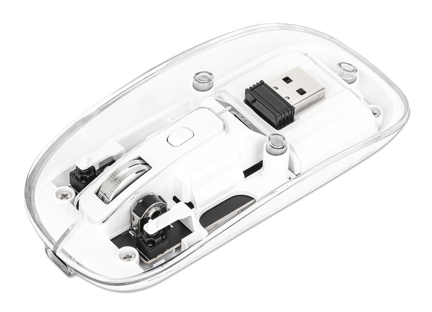 Manhattan Transparent Rechargeable Wireless Mouse, Clear/White, Adjustable 800/1200/1600dpi, With RGB LED light, 2.4Ghz (effective range up to 10m), USB, Optical, Ambidextrous, Four Button with Scroll Wheel, Slim Design, USB-A micro receiver, Lithium Ion - Image 1