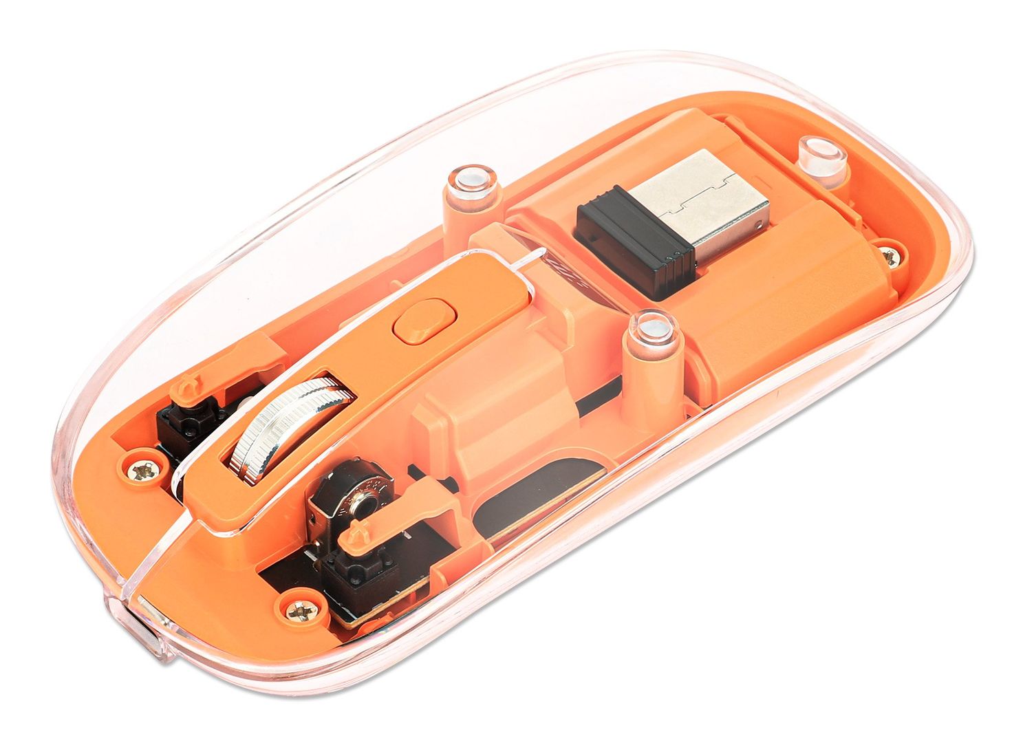 Manhattan Transparent Rechargeable Wireless Mouse, Clear/Orange, Adjustable 800/1200/1600dpi, With RGB LED light, 2.4Ghz (effective range up to 10m), USB, Optical, Ambidextrous, Four Button with Scroll Wheel, Slim Design, USB-A micro receiver, Lithium Ion - Image 1